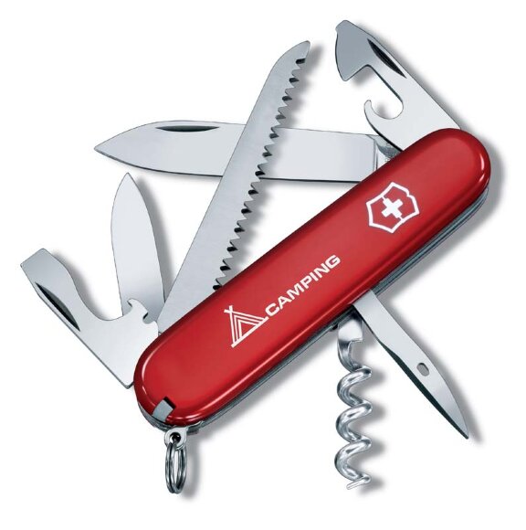 Нож перочинный VICTORINOX Camper, 91 мм, 13 функций, красный, с логотипом "Camping"
