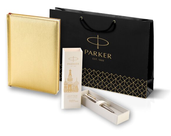 Подарочный набор Parker: Шариковая ручка Jotter Russia Steel GT и Ежедневник недатированный золотистый золотой срез