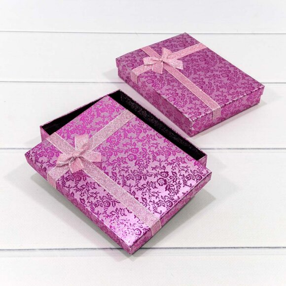 Коробка Прямоугольная 16 x 12 x 3 с бантиком "Цветы блестящие" Розовый