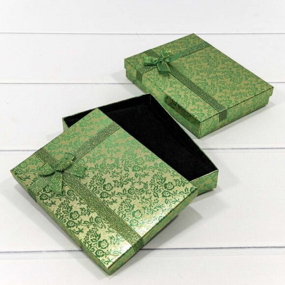 Коробка Прямоугольная 16 x 12 x 3 с бантиком "Цветы блестящие" Зелёный
