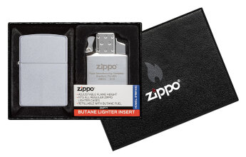 Набор Zippo : зажигалка 205 Satin Chrome и газовый вставной блок с двойным пламенем