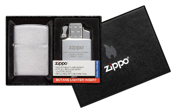 Набор Zippo : зажигалка 200 Brushed Chrome и газовый вставной блок с двойным пламенем