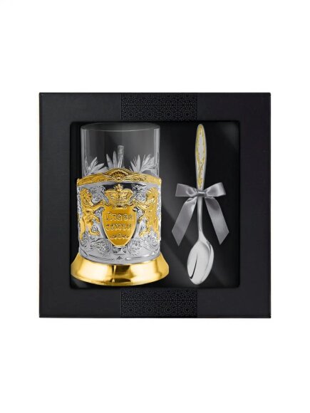 Набор для чая "Глава семьи" : ложка, подстаканник, стакан никелированный с позолотой НБЛЖ18708/193_К
