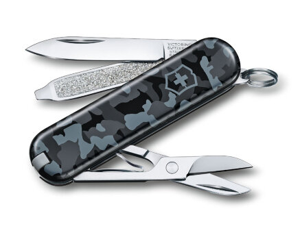 Нож-брелок VICTORINOX Classic SD Navy Camouflage, 58 мм, 7 функций, серо-синий камуфляж в Москве, фото 31