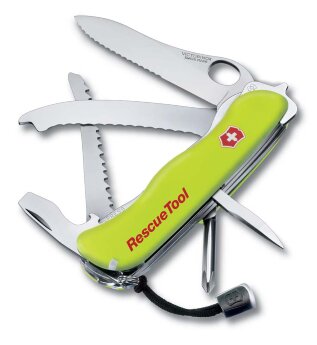 Нож перочинный VICTORINOX Rescue Tool, 111 мм, 14 функций, серейторное лезвие с петлёй, жёлтый