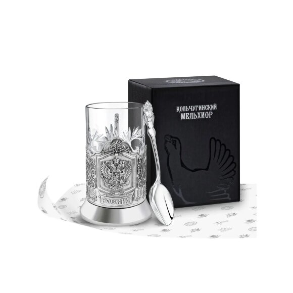 Набор для чая "Русский мельхиор Герб": ложка, стакан,подстаканник посеребренный С54908