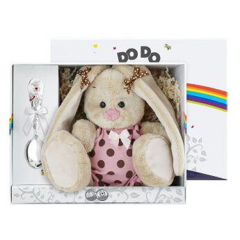 Набор детский "Зайка": игрушка и ложка посеребренный с эмалью, розовый