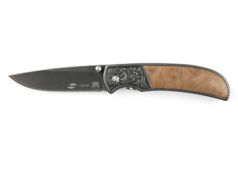 Нож складной Stinger, 71 мм (чёрный), рукоять: сталь+дерево (коричневый), картонная коробка