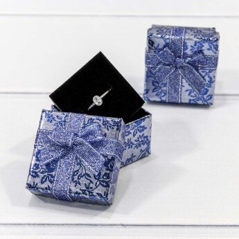 Коробка Квадратная 5 x 5 x 3,5 с бантиком "Цветы блестящие" Синий