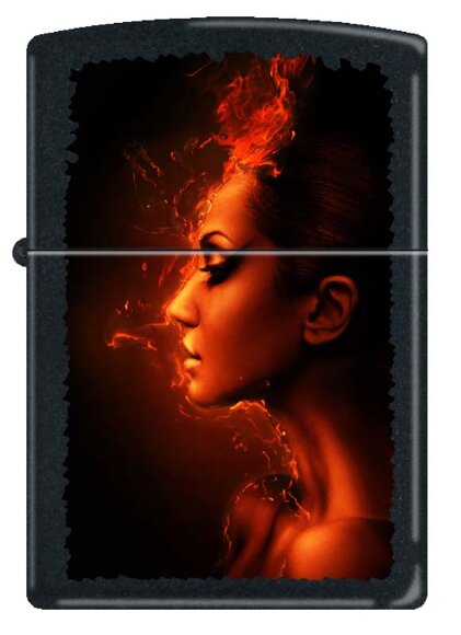 Зажигалка Zippo Девушка-огонь, с покрытием Black Matte, латунь/сталь, чёрная, матовая, 36x12x56 мм