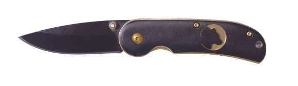 Нож складной Stinger, 70 мм (черный), рукоять: сталь/дерево (золот.-черн.), с клипом, коробка картон