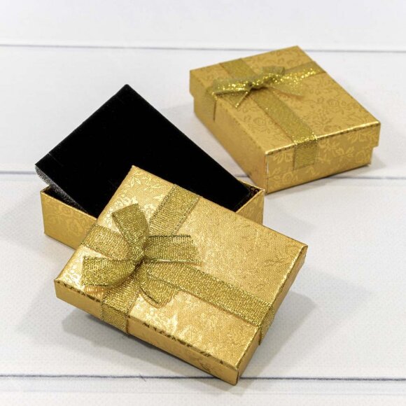 Коробка Прямоугольная 9 x 7 x 3 с бантиком "Цветы блестящие" Золотой