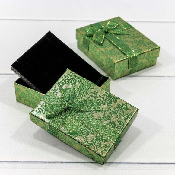 Коробка Прямоугольная 9 x 7 x 3 с бантиком "Цветы блестящие" Зелёный