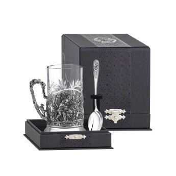 Набор для чая "Медвежья охота": ложка, стакан, подстаканник посеребренный с чернением КМ4660206