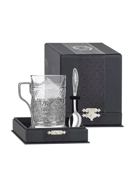 Набор для чая "Скань": ложка, стакан, подстаканник посеребренный с чернением КМ4630206