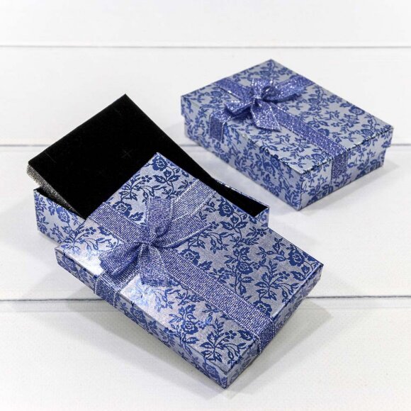 Коробка Прямоугольная 11 x 8 x 3 с бантиком "Цветы блестящие" Синий
