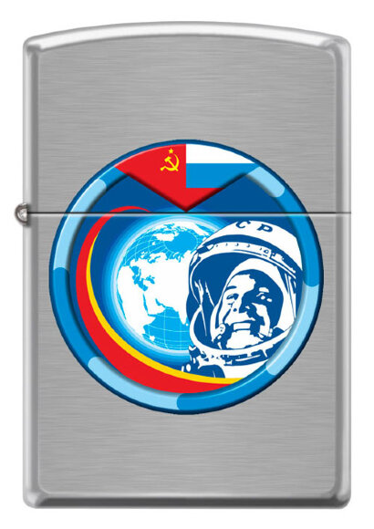 Зажигалка Zippo Гагарин с покрытием Brushed Chrome, латунь/сталь, серебристая, матовая, 36x12x56 мм
